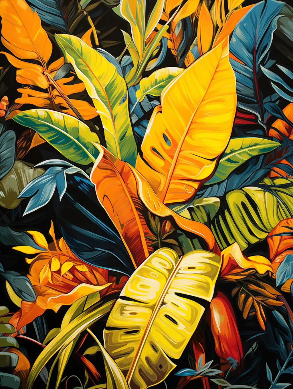 手绘黄色热带植物树叶涂鸦嘻哈美学静物矢量绘画插图海报背景Midjourney关键词提示词咒语-Ai宇宙吧-