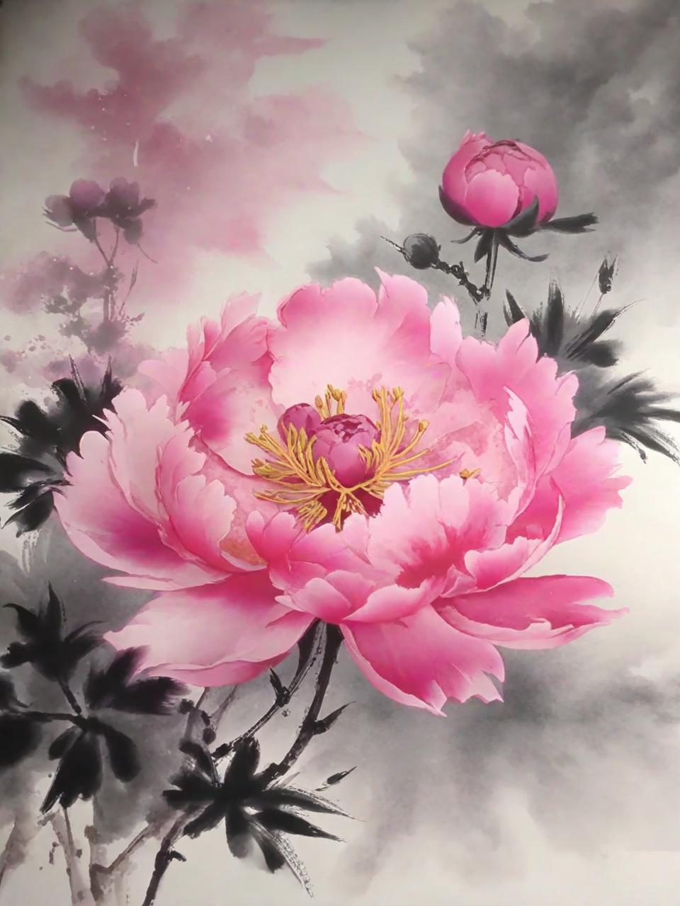 中国风国画鲜花芍药花花卉水彩画奇域ai关键词咒语 - Ai宇宙吧--Ai宇宙吧-