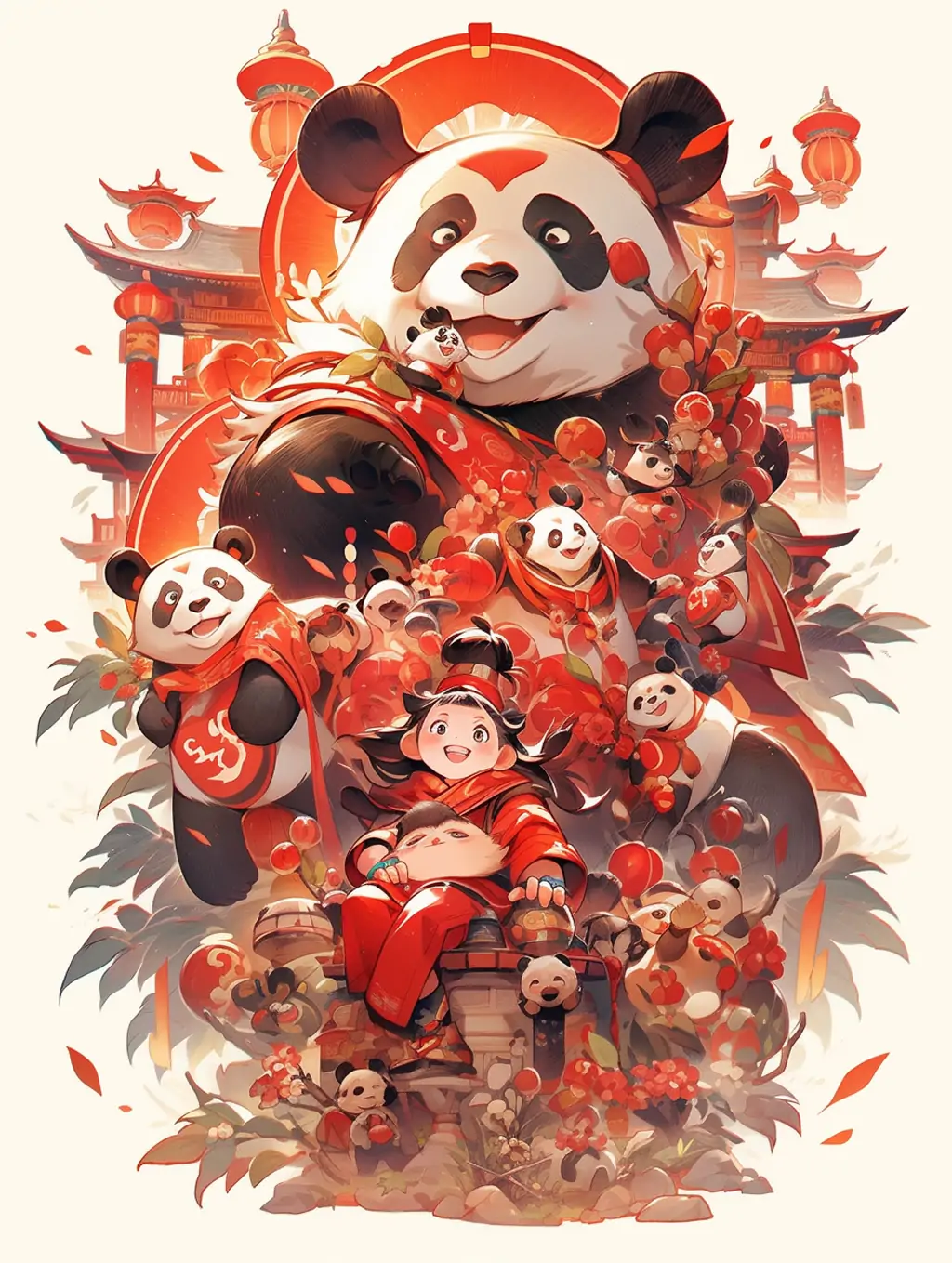 红色喜庆欢快的熊猫灯笼和中国春节Midjourney关键词提示词咒语 - Ai宇宙吧--Ai宇宙吧-