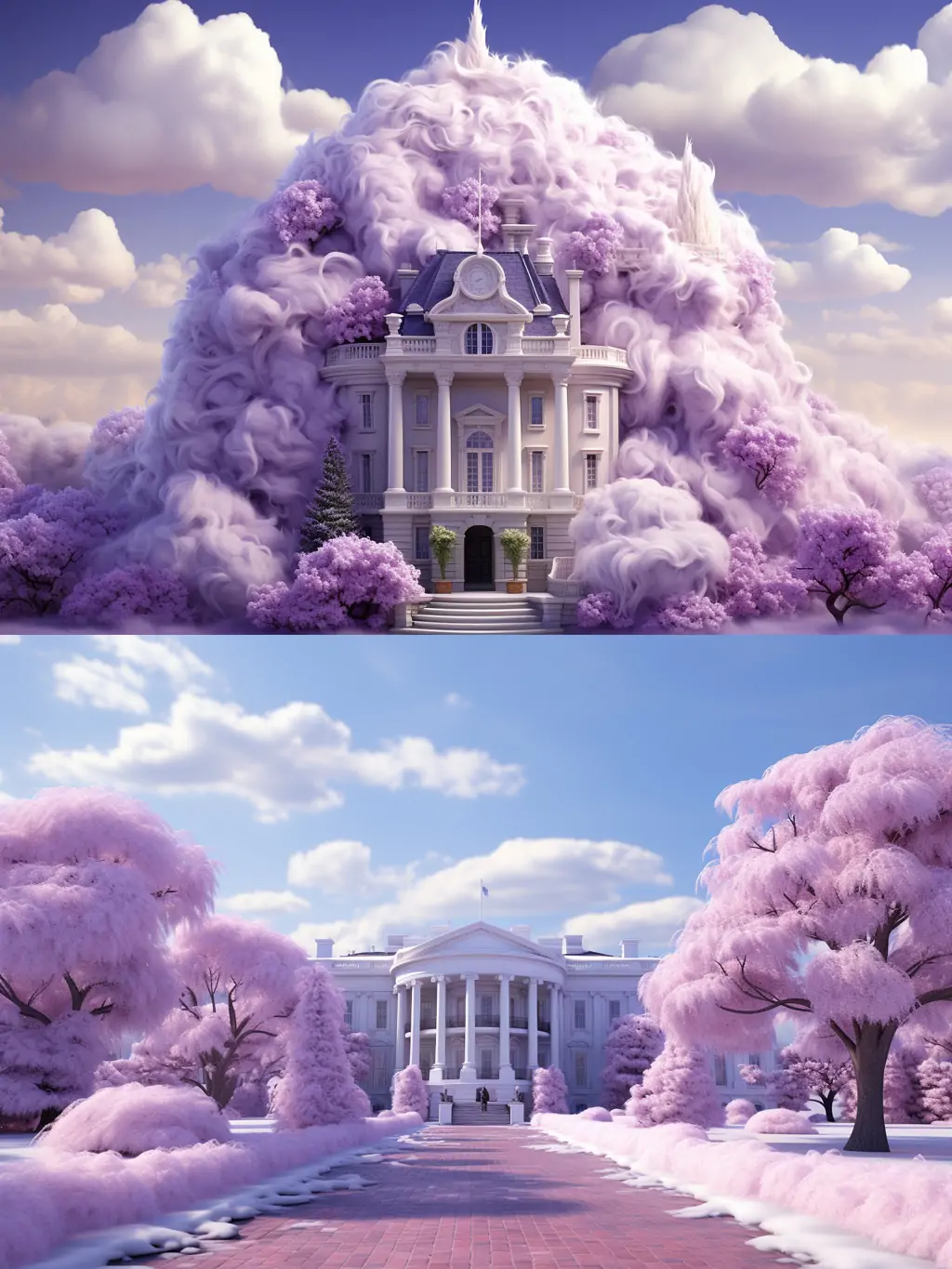 紫色逼真毛茸茸白色房子建筑城堡别墅梦幻场景艺术摄影海报midjourney关键词咒语分享 - Ai宇宙吧--Ai宇宙吧-