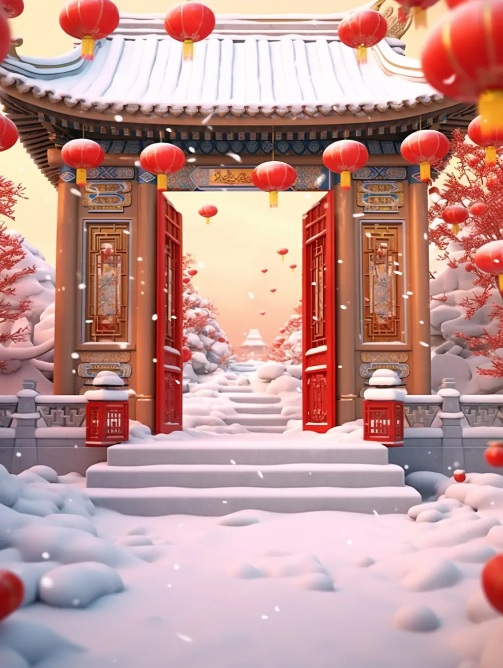 Midjourney - 中国风冬天春节元旦元宵海报设计背景灯笼雪景素材Midjourney关键词提示词咒语： 场景-Ai宇宙吧-