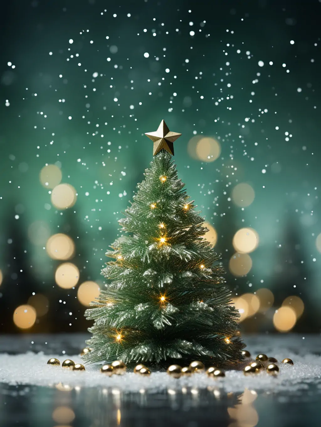 绿色圣诞节圣诞树金色奢华装饰立体场景光影海报背景midjourney关键词咒语分享-Ai宇宙吧-