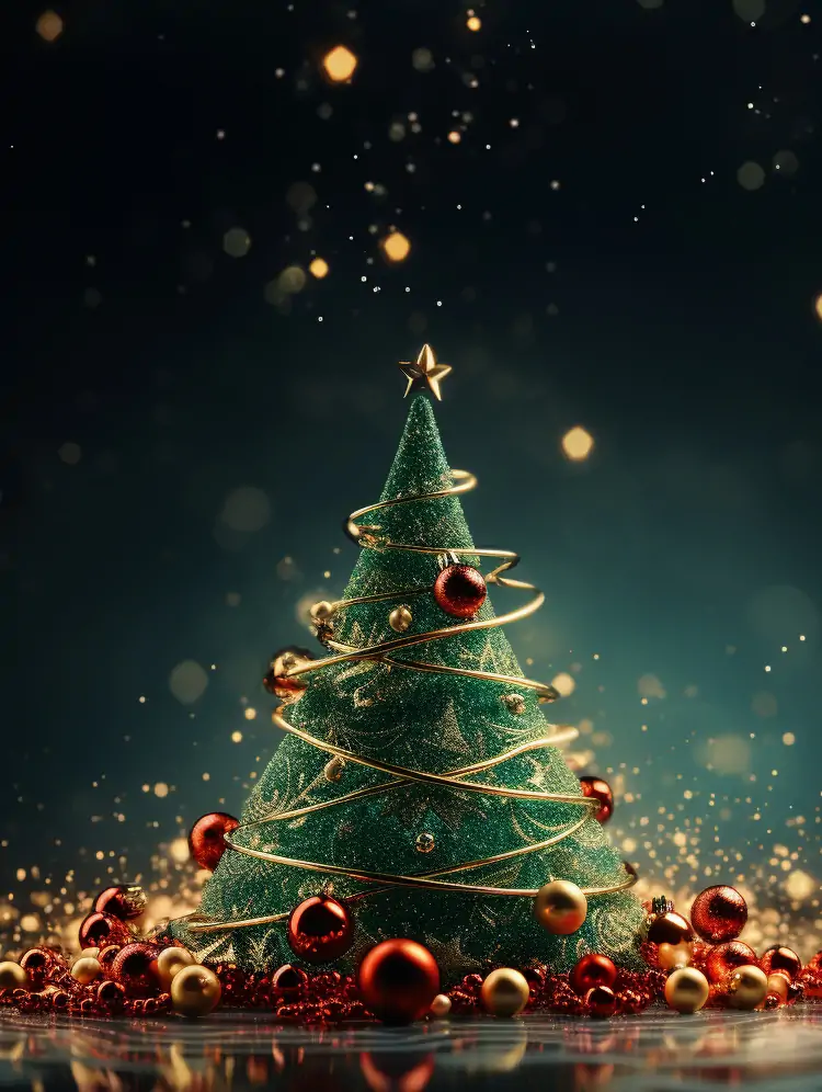 极简主义绿色圣诞节圣诞树礼物金色丝带装饰杂志摄影封面海报背景midjourney关键词咒语 - Ai宇宙吧--Ai宇宙吧-