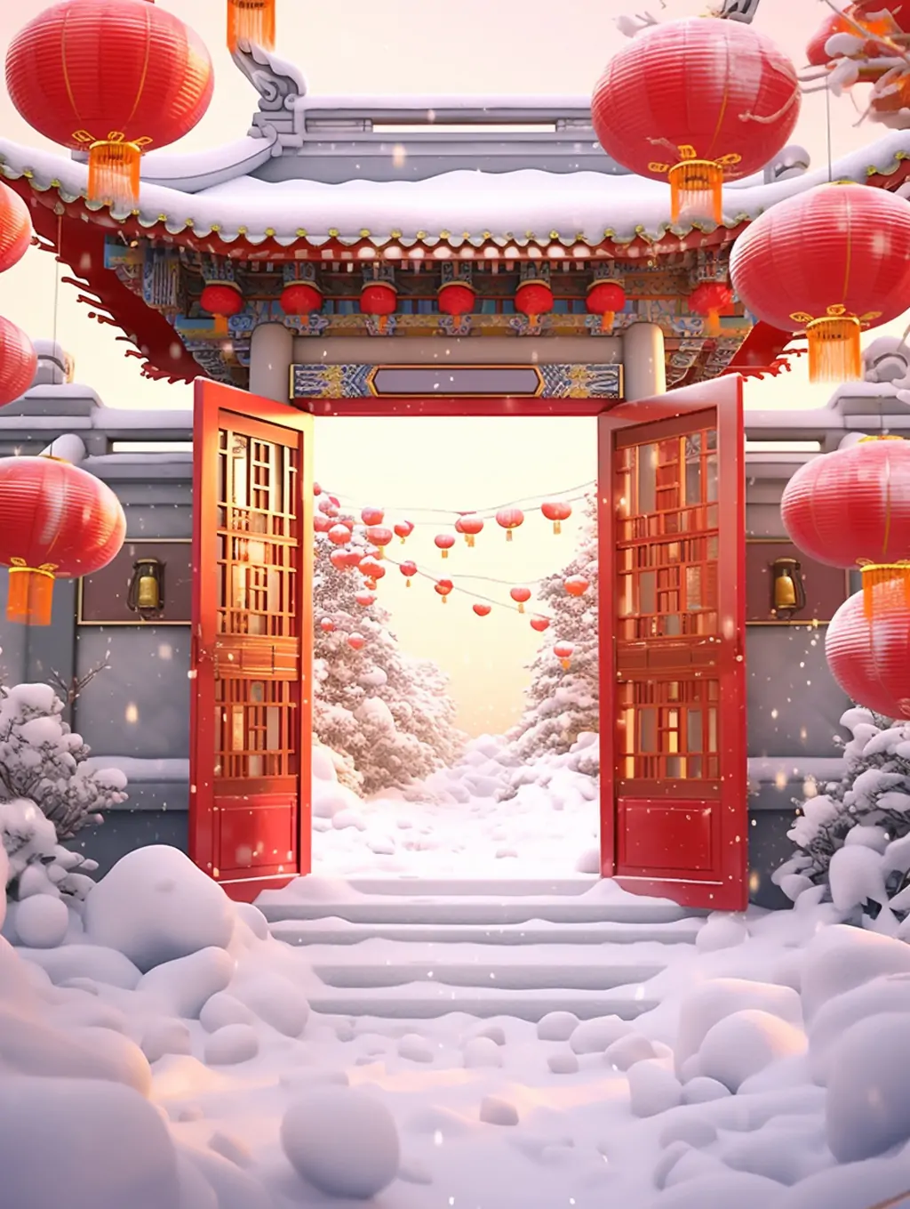 中国风春节元旦元宵海报设计背景灯笼雪景素材Midjourney关键词提示词咒语： - Ai宇宙吧--Ai宇宙吧-