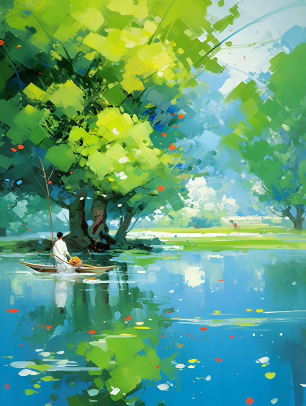 绿树环绕的湖面水彩画垂钓场景Midjourney关键词提示词咒语 - Ai宇宙吧--Ai宇宙吧-