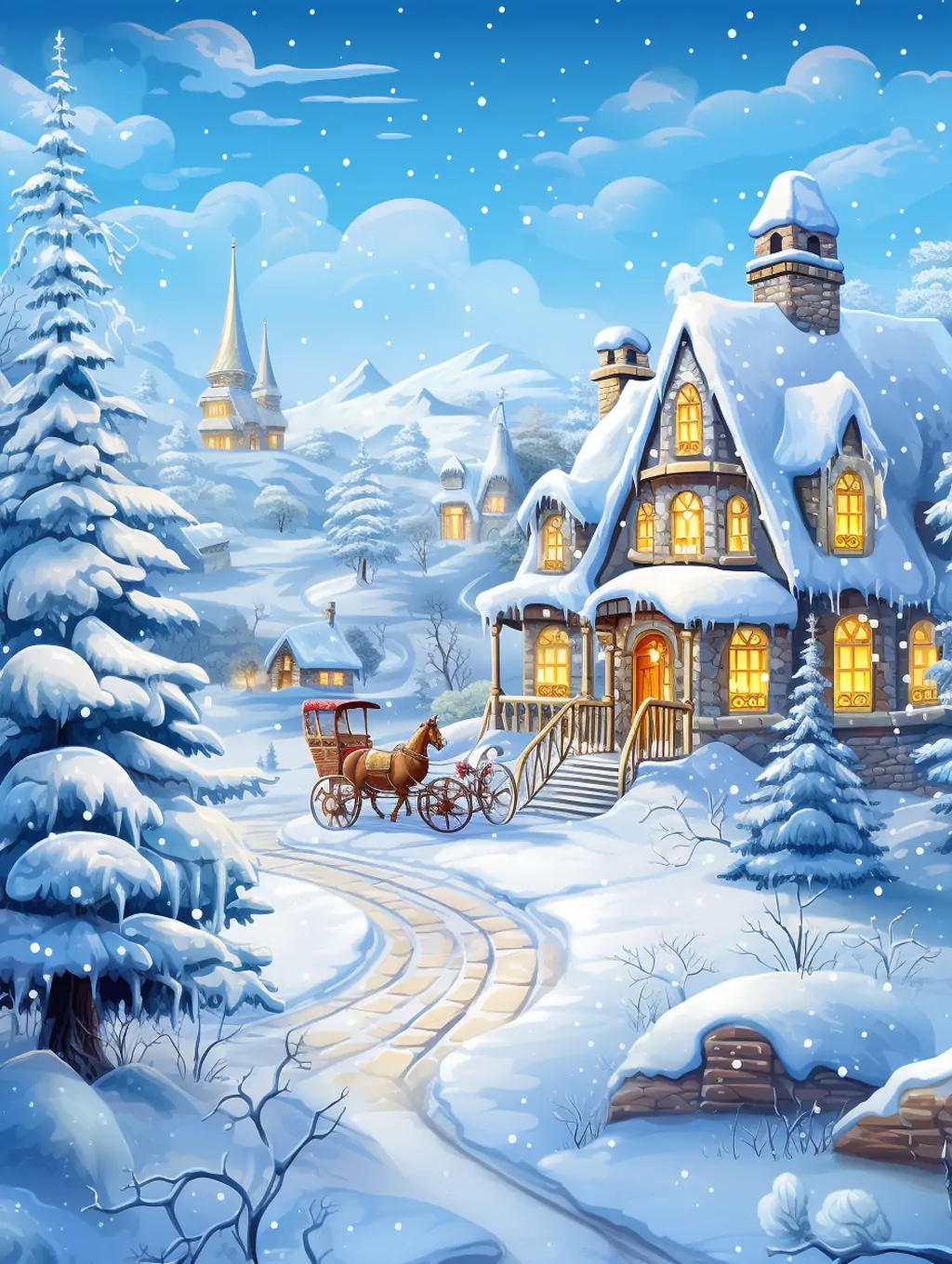 手绘唯美浪漫冬天雪景圣诞节雪橇童话城堡建筑场景插图海报midjourney关键词咒语分享-Ai宇宙吧-