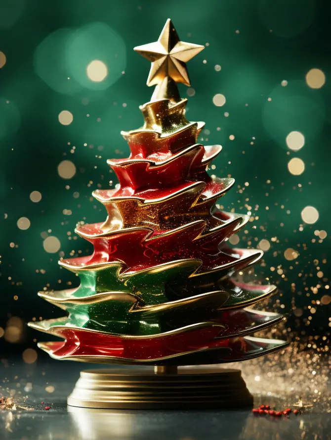 创意绿色圣诞节圣诞树模型礼物金色丝带装饰杂志摄影封面海报背景midjourney关键词咒语 - Ai宇宙吧--Ai宇宙吧-