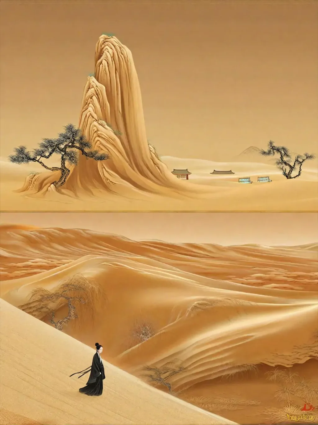 中国风戈壁沙漠山脉古风彩绘水墨画诗人场景奇域ai关键词咒语 - Ai宇宙吧--Ai宇宙吧-