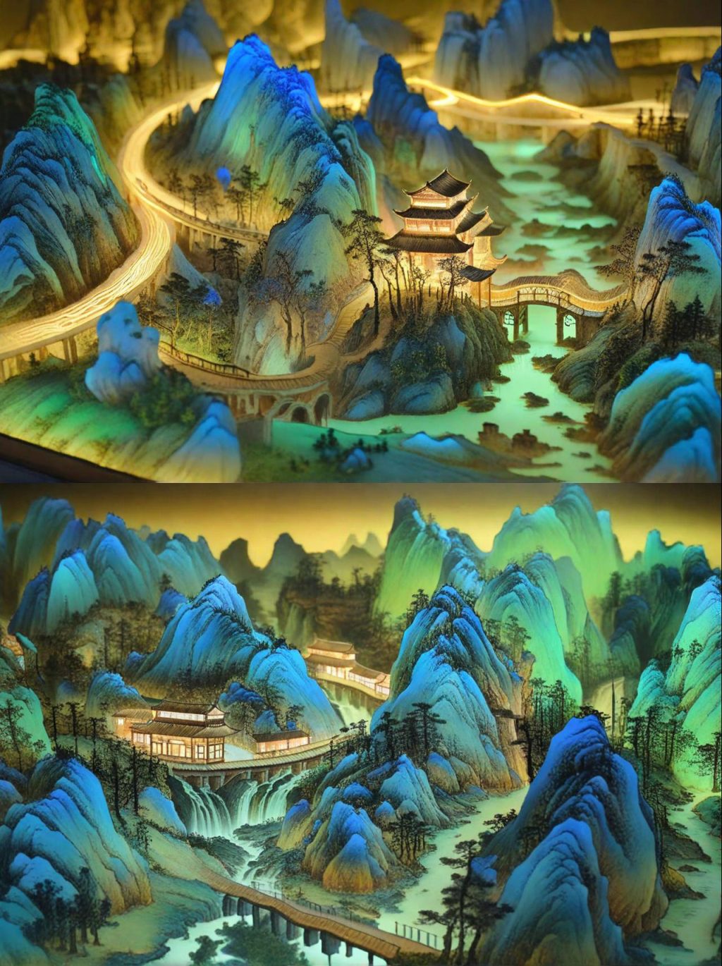 中国风金色绿色山水建筑立体发光效果微缩模型奇域ai关键词咒语 - Ai宇宙吧--Ai宇宙吧-