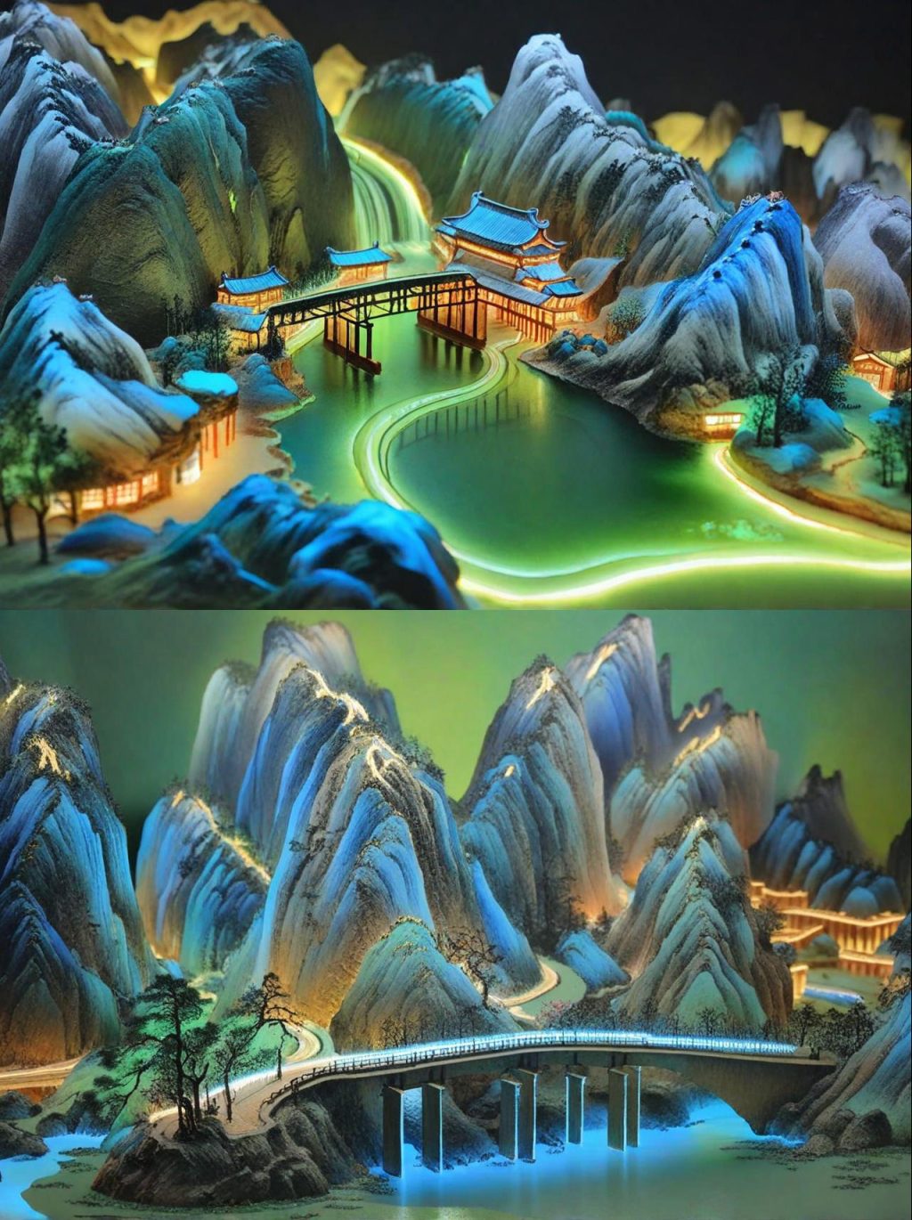 中国风金色绿色山水建筑立体发光效果微缩模型奇域ai关键词咒语 - Ai宇宙吧--Ai宇宙吧-