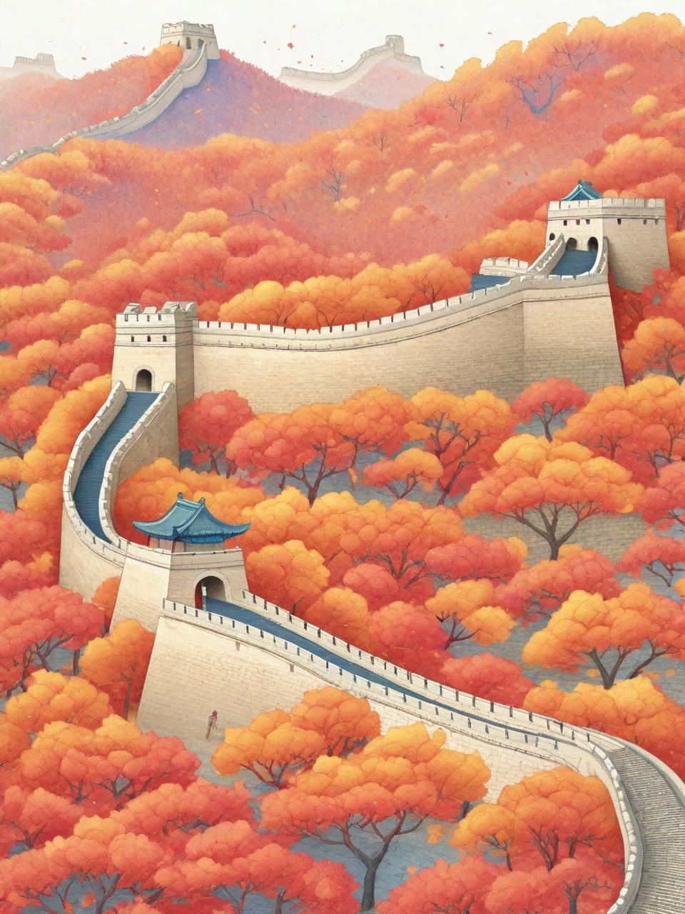 手绘唯美秋天中国长城自然景观插图绘画海报奇域ai关键词咒语 - Ai宇宙吧--Ai宇宙吧-
