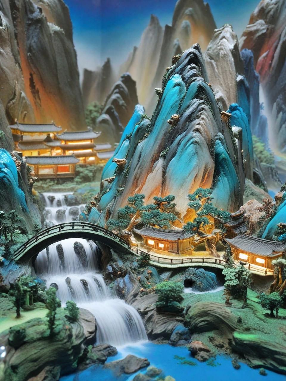 中国风金色山水建筑立体效果微缩模型奇域ai关键词咒语 - Ai宇宙吧--Ai宇宙吧-