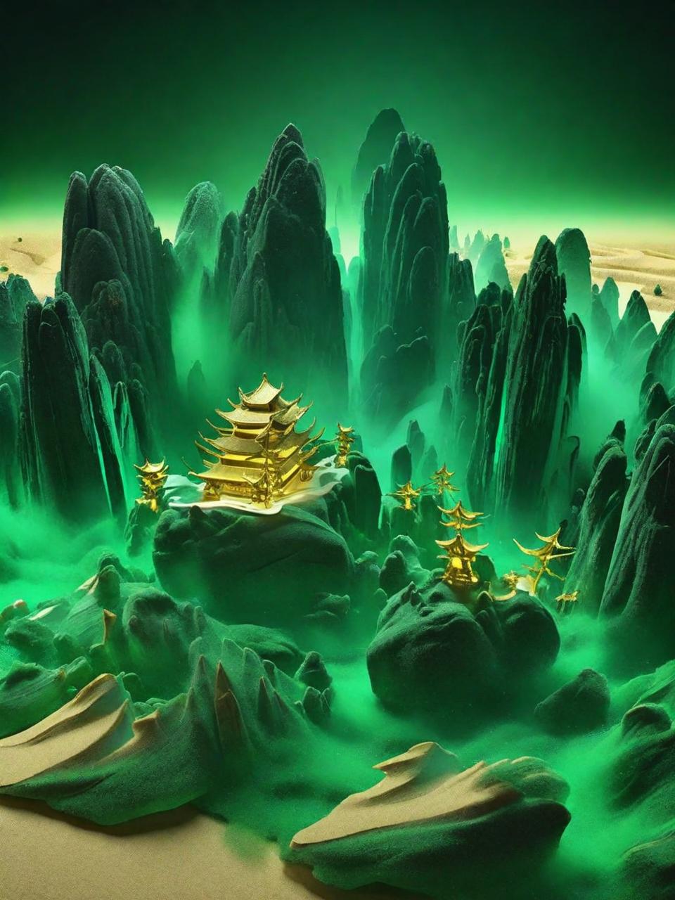 中国风绿色山水风景3D立体黄山景观模型奇域ai关键词咒语 - Ai宇宙吧--Ai宇宙吧-