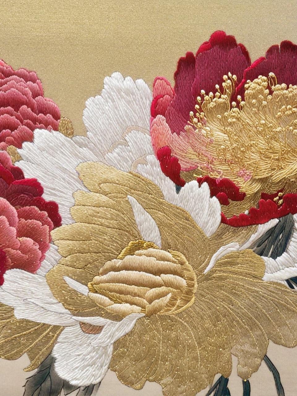 中国传统工艺刺绣牡丹鲜花艺术品特写奇域ai关键词咒语 - Ai宇宙吧--Ai宇宙吧-