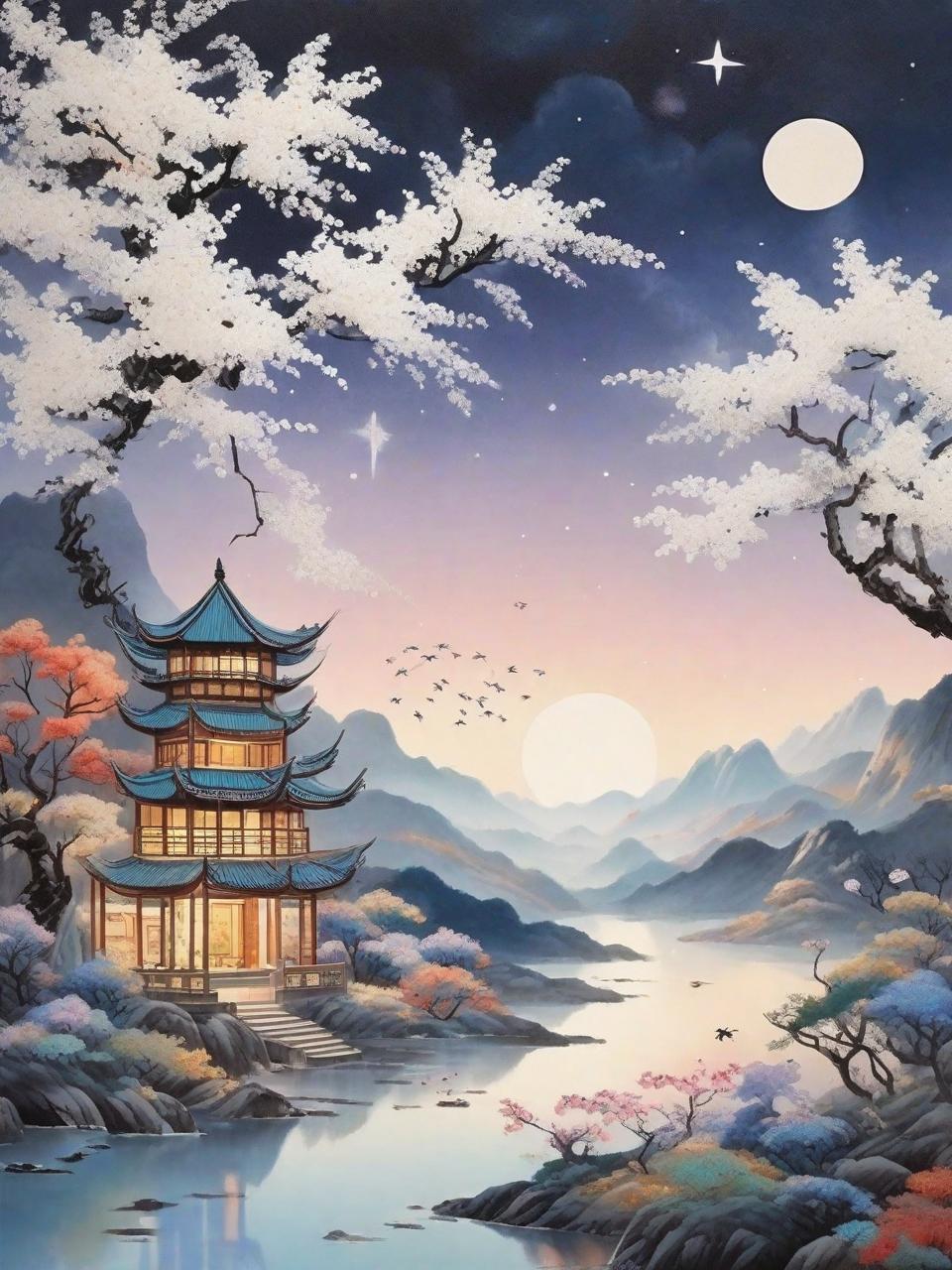 中国风传统建筑自然风景山水画艺术插图海报奇域ai关键词咒语 - Ai宇宙吧--Ai宇宙吧-