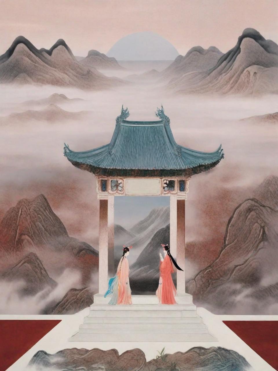 手绘中国风神秘寺庙山脉自然风景插图绘画海报奇域ai关键词咒语 - Ai宇宙吧--Ai宇宙吧-