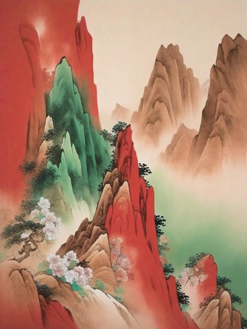 中国风彩色自然山脉景观壁画风景奇域ai关键词咒语 - Ai宇宙吧--Ai宇宙吧-