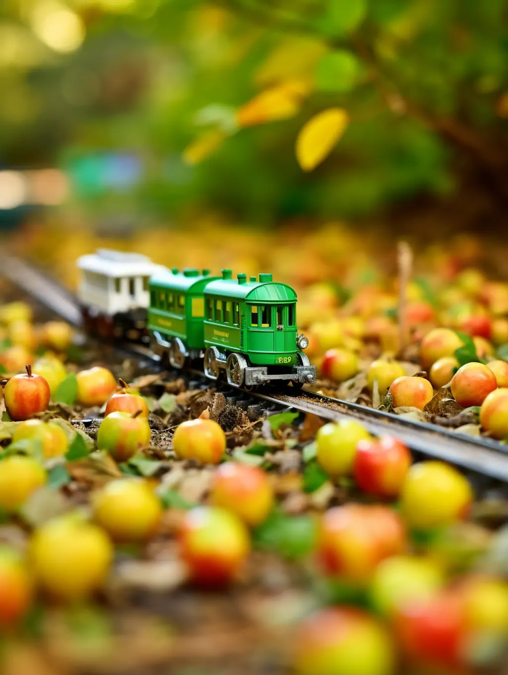创意迷你火车秋天环绕轨道行驶模型自然风景场景产品广告摄影midjourney关键词咒语 - Ai宇宙吧--Ai宇宙吧-