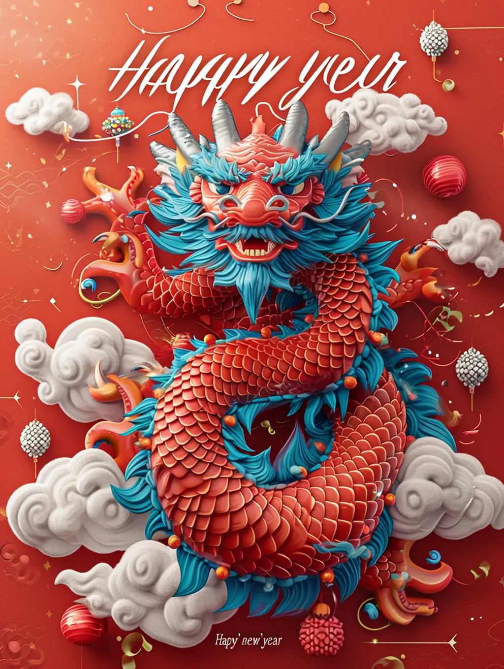2024中国风新年春节元旦立体中国龙新年快乐创意海报midjourney关键词咒语 - Ai宇宙吧--Ai宇宙吧-