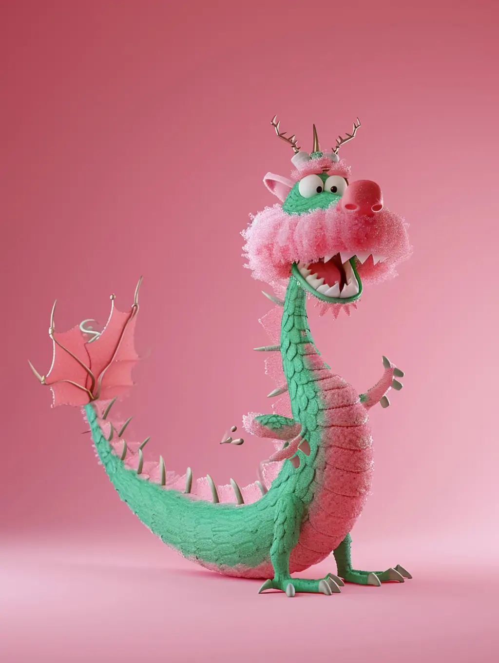 创意可爱粉色绿色恐龙动物毛绒玩具卡通形象产品广告摄影海报midjourney关键词咒语 - Ai宇宙吧--Ai宇宙吧-