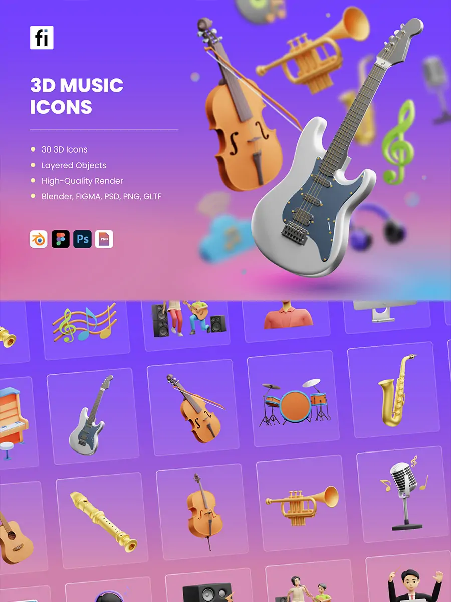 3D立体音乐提琴架子鼓吉他麦克风乐器元素psd插图素材模型blender - Ai宇宙吧--Ai宇宙吧-