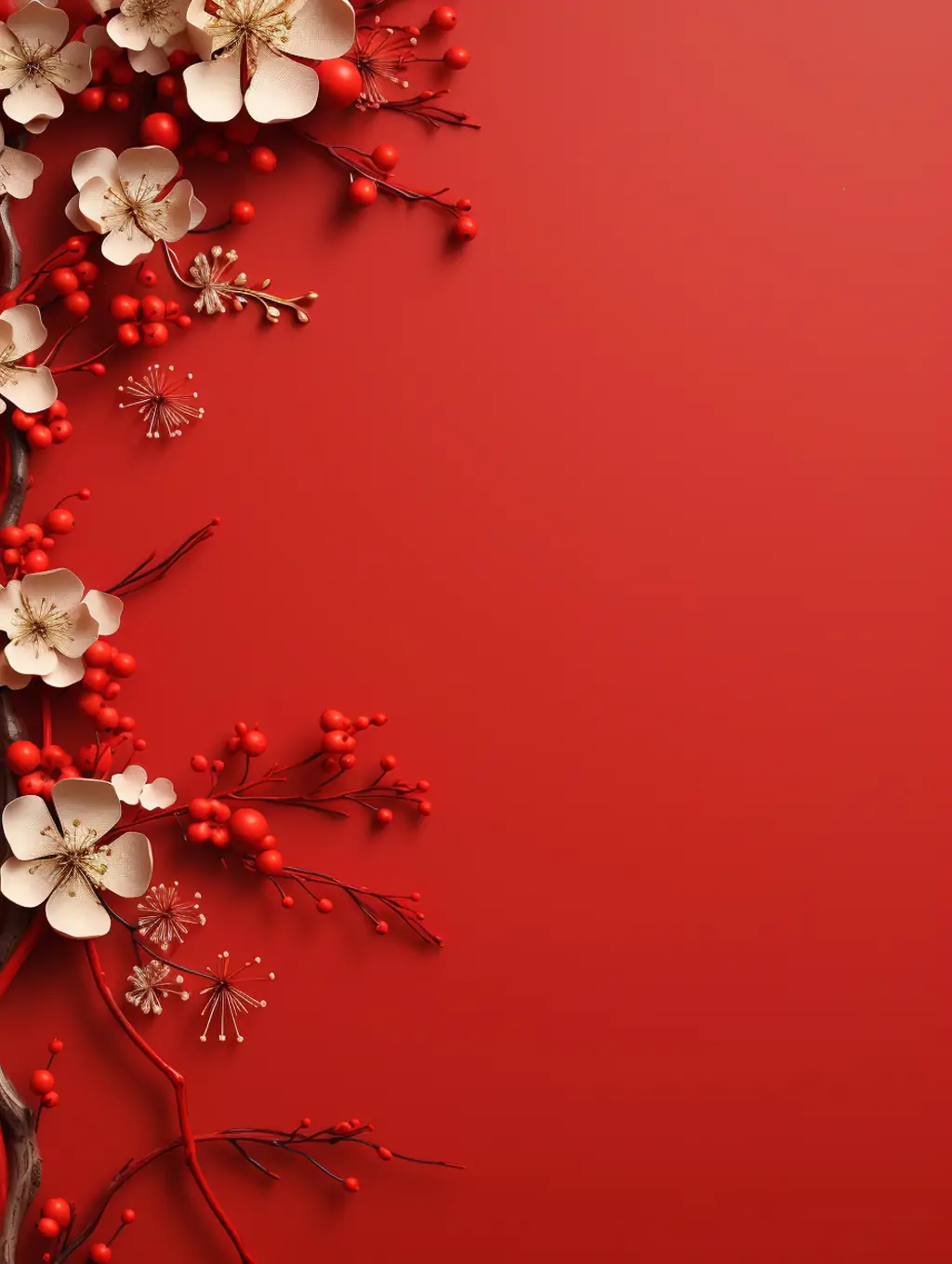 中国风红色新年春节元旦梅花装饰画空间海报背景midjourney关键词咒语 - Ai宇宙吧--Ai宇宙吧-