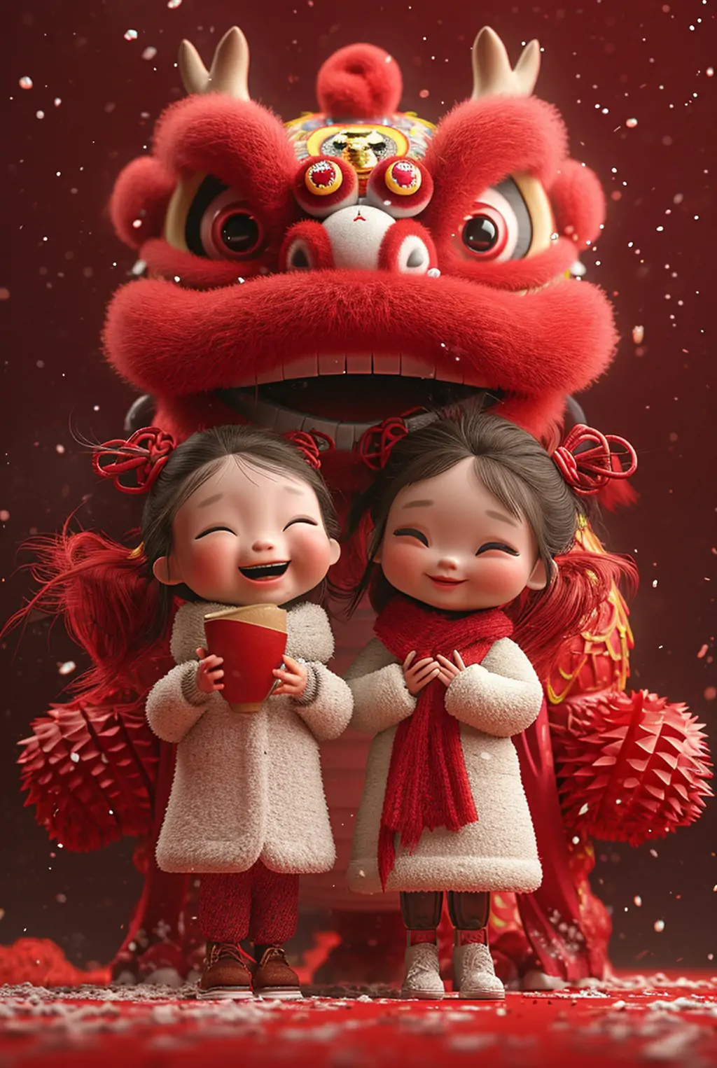 中国风红色龙年新年春节元旦皮克斯卡通人物祝福插图海报midjourney关键词咒语 - Ai宇宙吧--Ai宇宙吧-