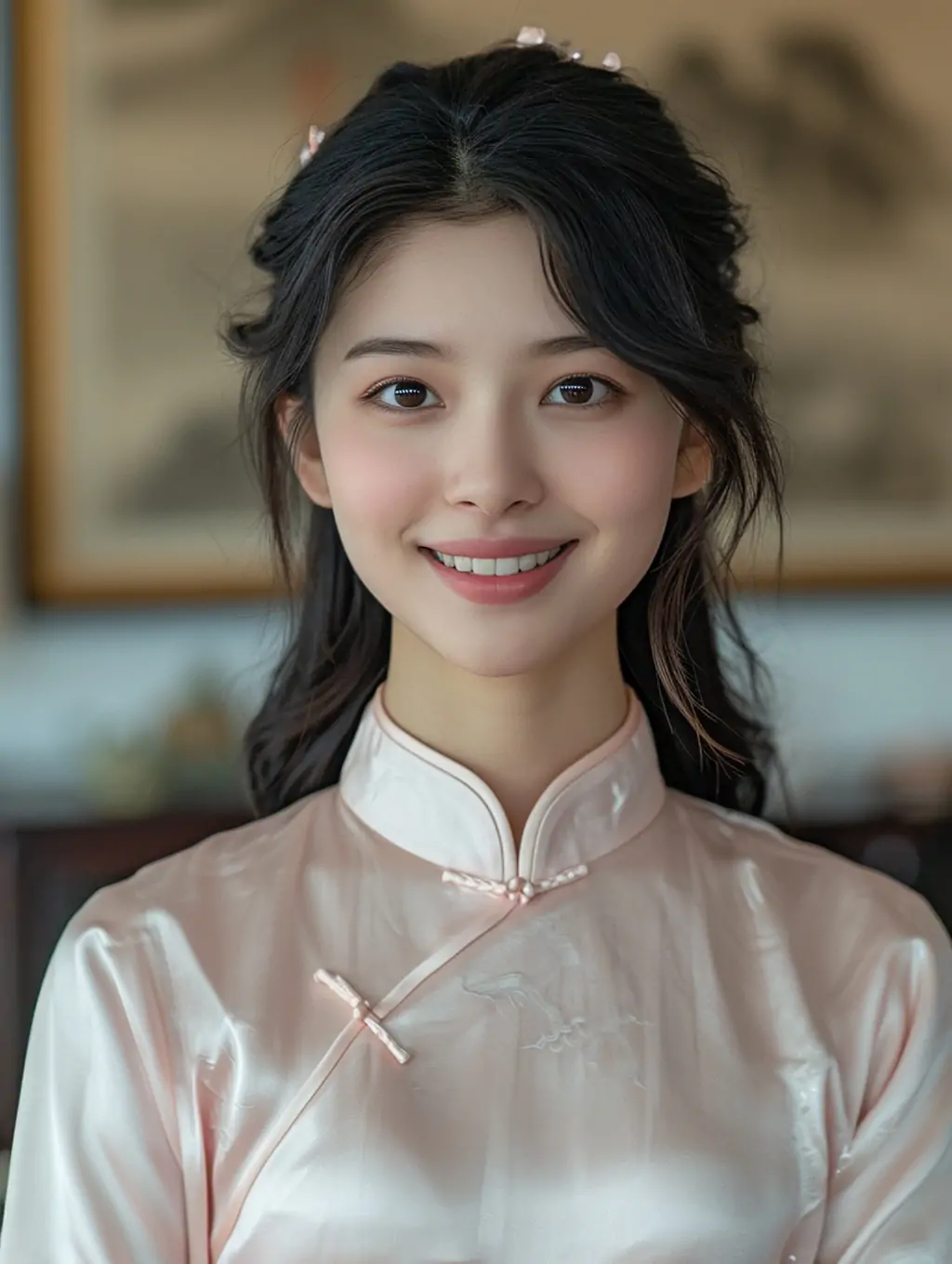 中国风东方传统女孩微笑古典唐装旗袍艺术摄影海报midjourney关键词咒语 - Ai宇宙吧--Ai宇宙吧-