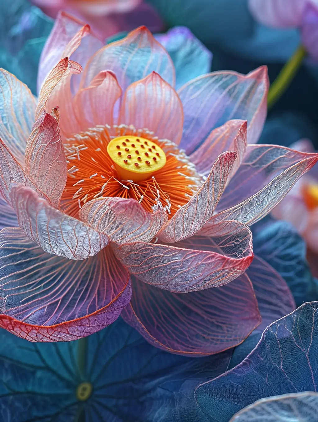 复古针织刺绣半透明莲花荷花超现实花瓣艺术手工艺品摄影海报midjourney关键词咒语-Ai宇宙吧-