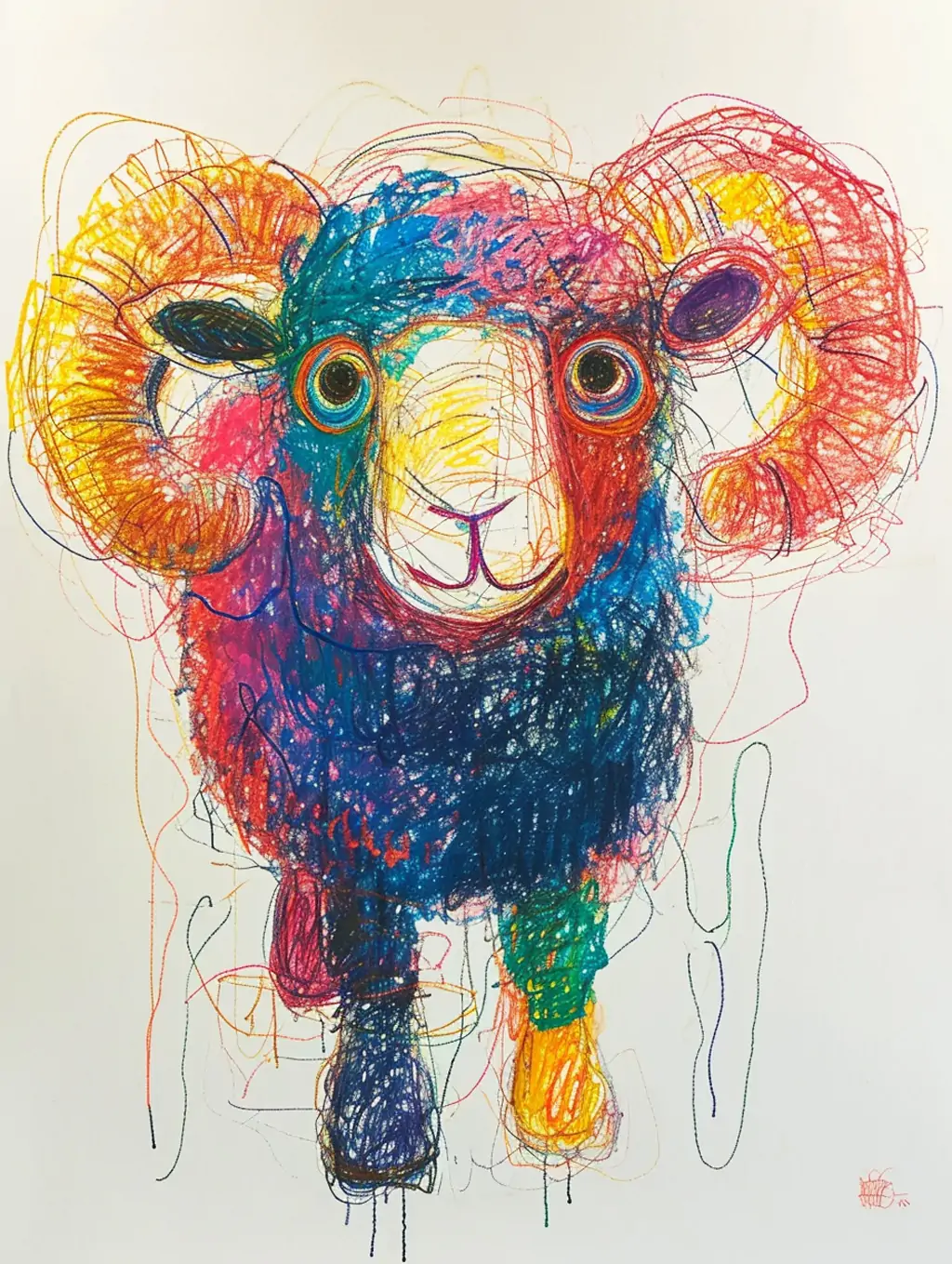 手绘儿童宝宝蜡笔涂鸦动物绵羊美术绘画插图海报midjourney关键词咒语 - Ai宇宙吧--Ai宇宙吧-