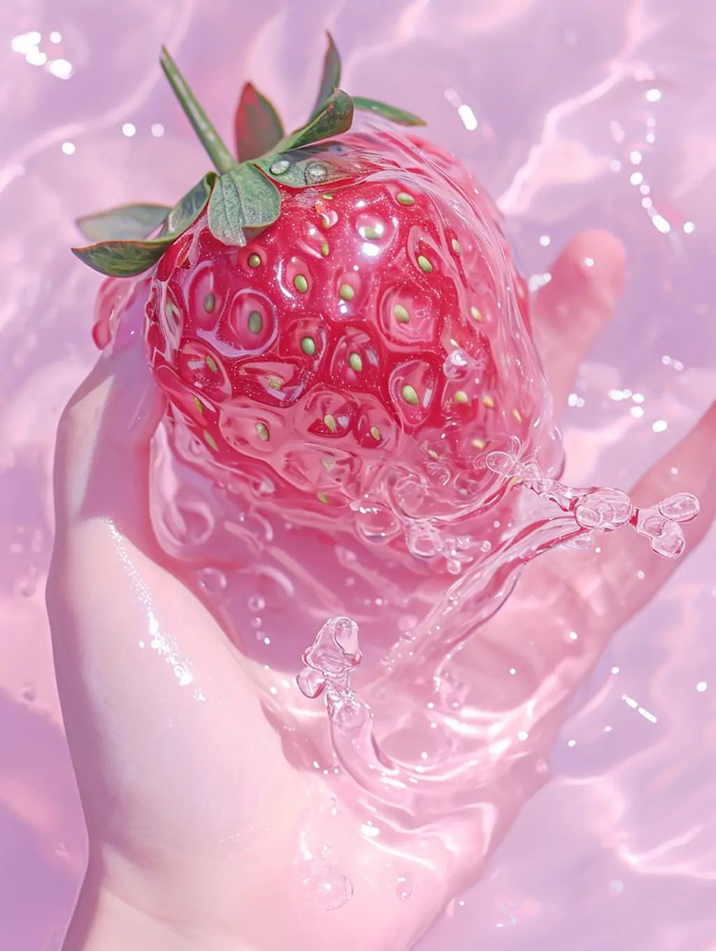 创意粉红色逼真新鲜水果草莓水花飞溅美学壁纸场景海报背景midjourney关键词咒语 - Ai宇宙吧--Ai宇宙吧-