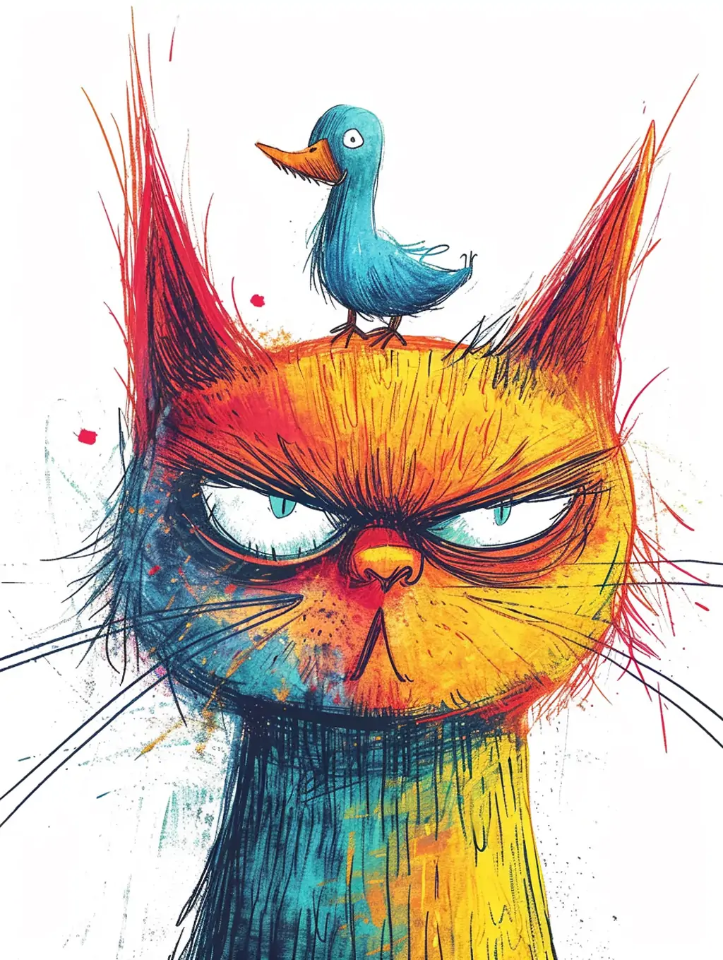 手绘极简主义素描愤怒的猫咪头上戴着鸭子艺术绘画涂鸦插图海报midjourney关键词咒语 - Ai宇宙吧--Ai宇宙吧-