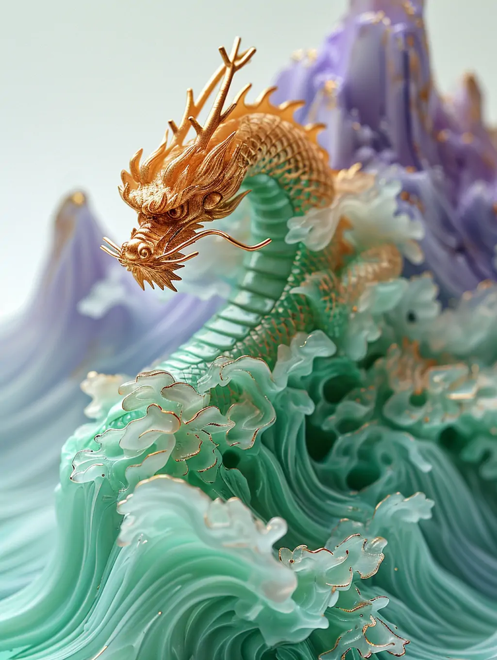 中国风传统玉石翡翠金龙自然山水风景半透明波浪艺术雕塑模型midjourney关键词咒语 - Ai宇宙吧--Ai宇宙吧-