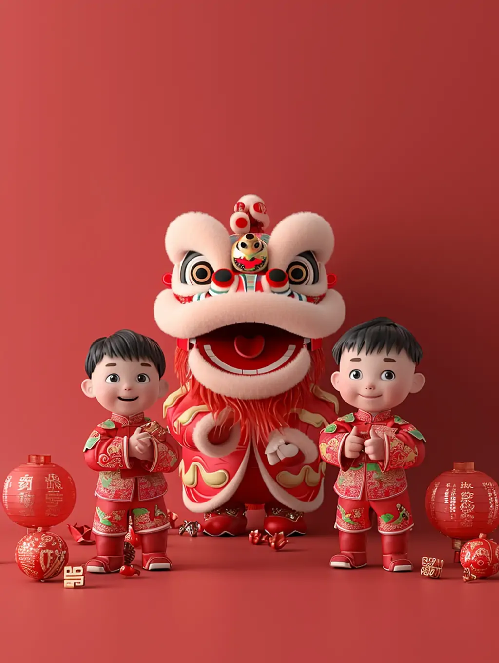 中国风红色喜庆2024龙年新年元旦春节男孩庆祝舞狮皮克斯风格海报midjourney关键词咒语 - Ai宇宙吧--Ai宇宙吧-