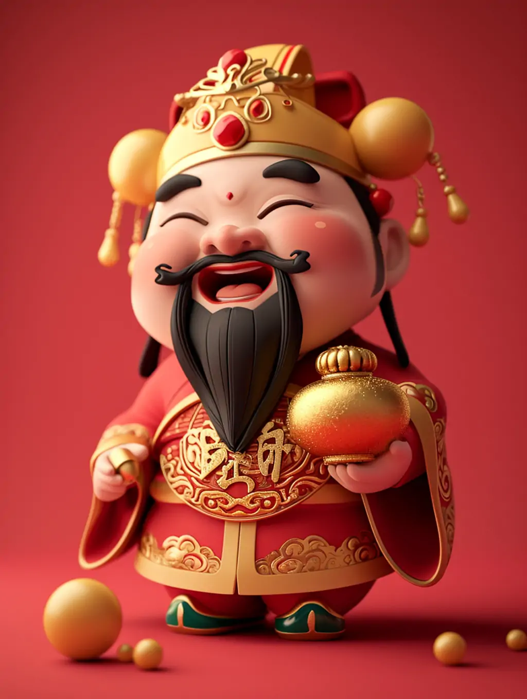 中国风动漫卡通可爱红色新年财神爷人物形象立体模型摄影海报midjourney关键词咒语 - Ai宇宙吧--Ai宇宙吧-