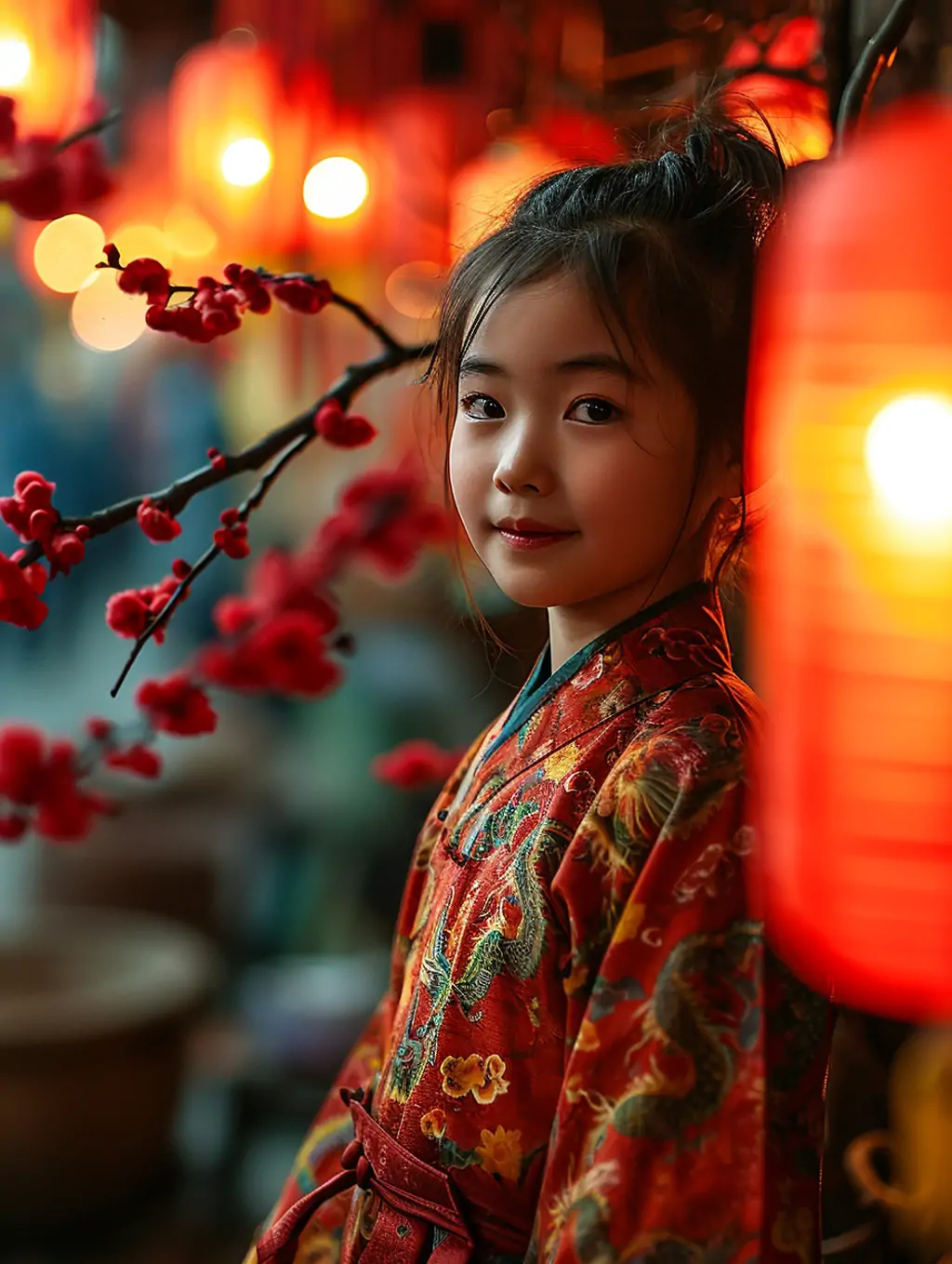 超现实主义中国风新年春节灯笼女孩汉服儿童艺术摄影海报midjourney关键词咒语 - Ai宇宙吧--Ai宇宙吧-