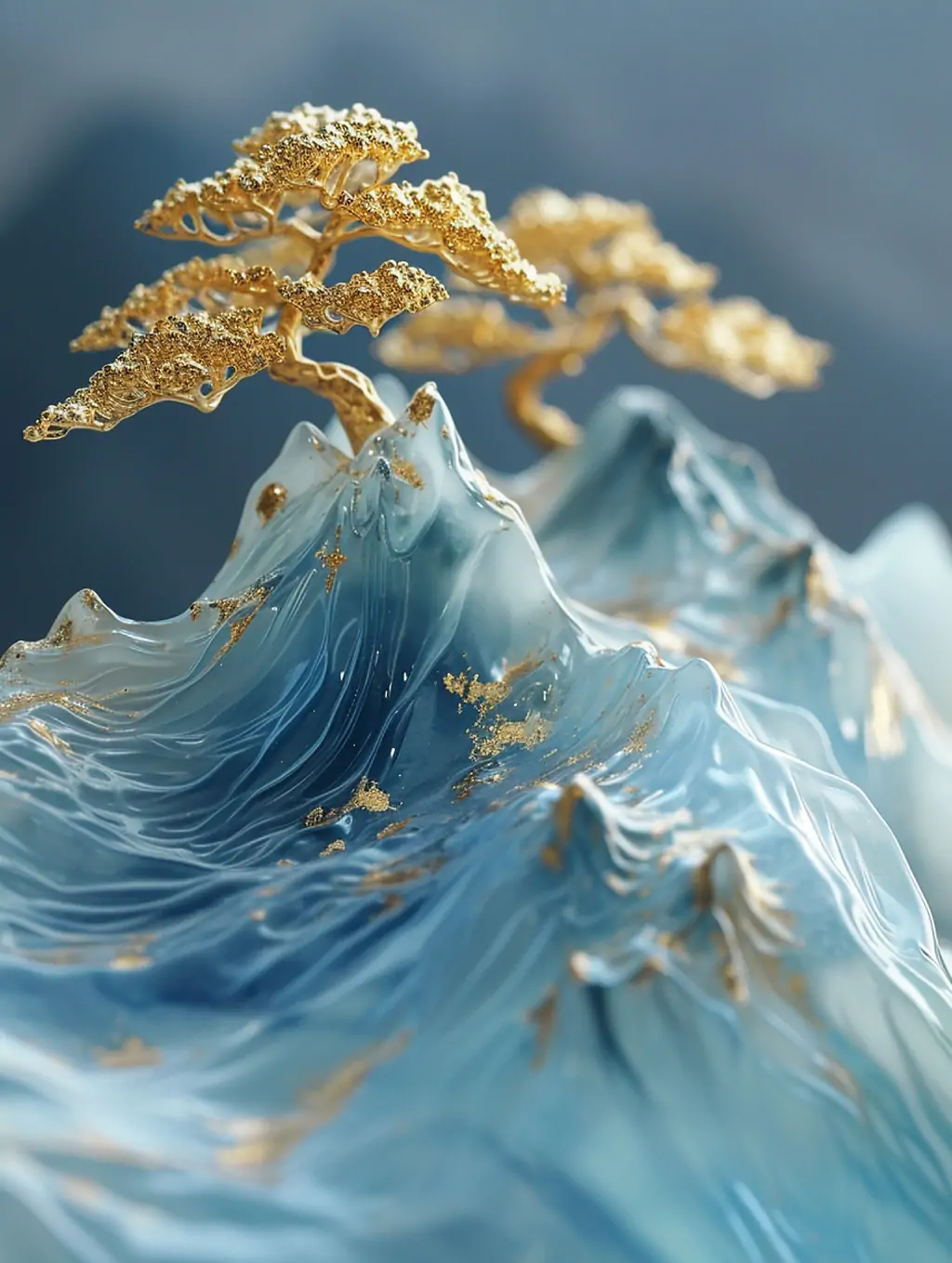 中国风唐朝山脉自然山水画金色植物波浪景观艺术模型海报midjourney关键词咒语 - Ai宇宙吧--Ai宇宙吧-