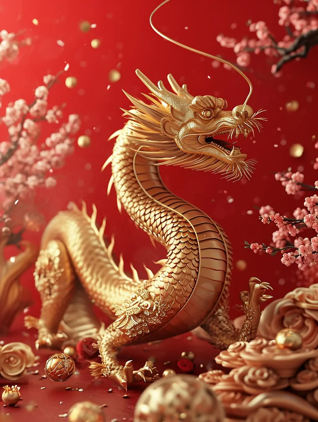 红色中国风3D立体2024中国龙金属装饰品工艺品摄影海报midjourney关键词咒语 - Ai宇宙吧--Ai宇宙吧-