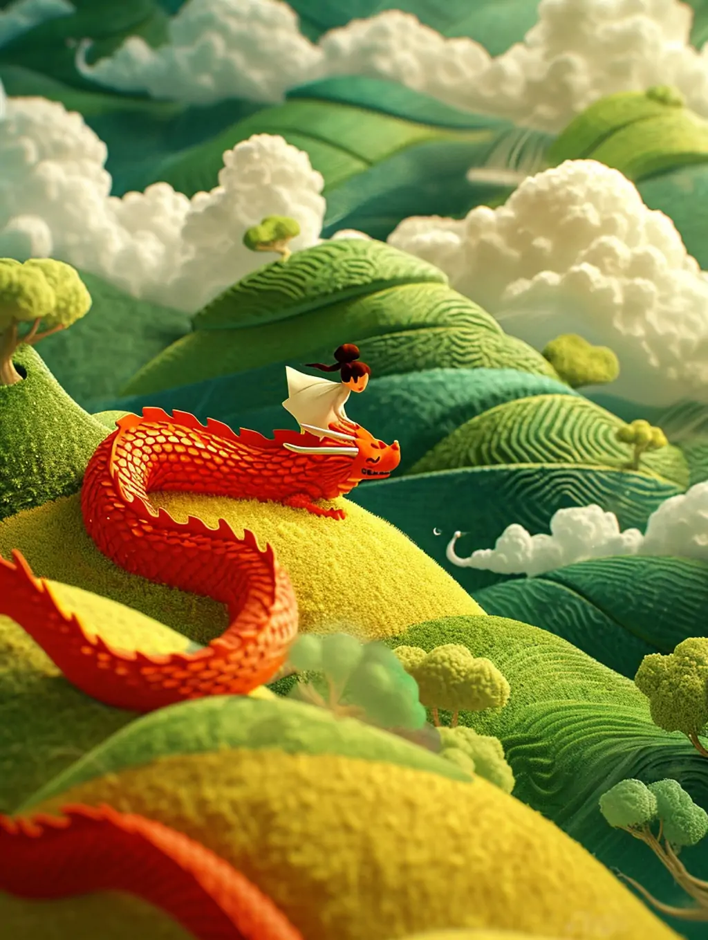 3D立体可爱卡通女孩红色中国龙绿色山丘云层飞行动画场景插图海报midjourney关键词咒语 - Ai宇宙吧--Ai宇宙吧-