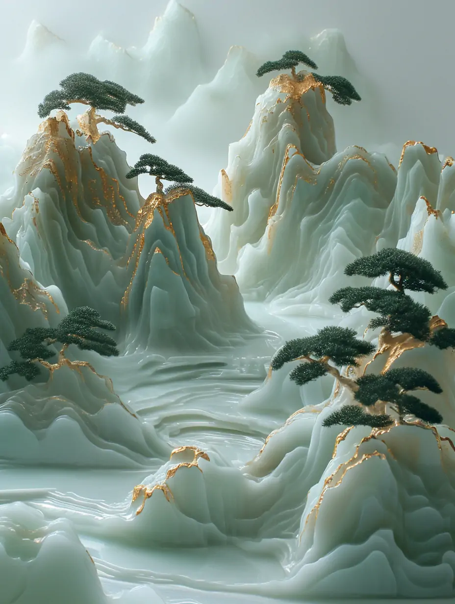 中国风玉石翡翠黄金松树玉雕山水画立体模型Midjourney关键词咒语 - Ai宇宙吧--Ai宇宙吧-