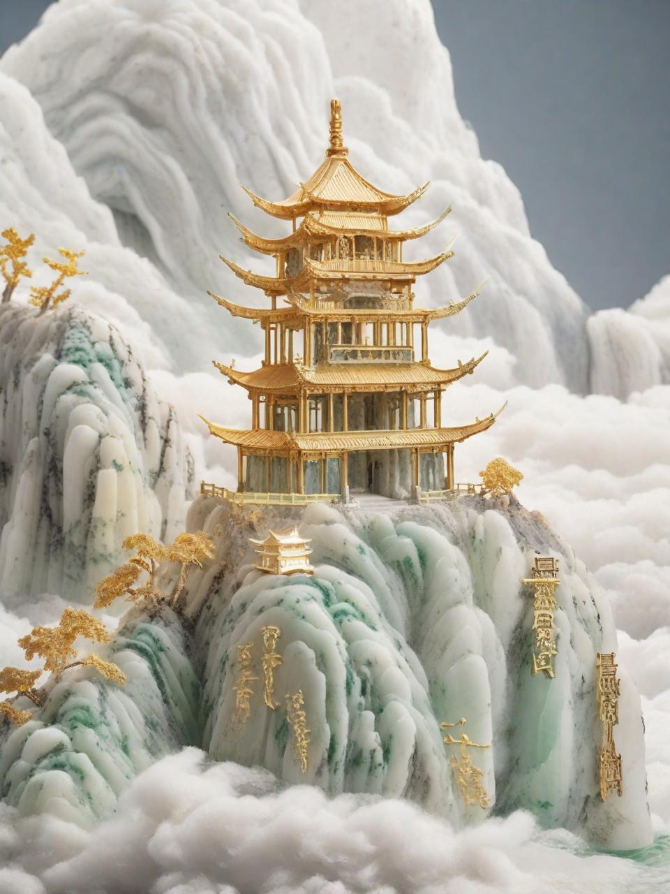 玉石假山雕刻中国风黄金阁楼宝殿奇域ai关键词咒语 - Ai宇宙吧--Ai宇宙吧-