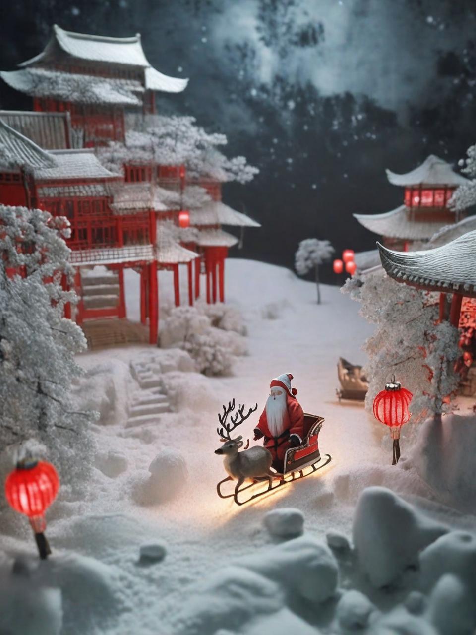 圣诞老人送礼中国风建筑冬季场景奇域ai关键词咒语 - Ai宇宙吧--Ai宇宙吧-