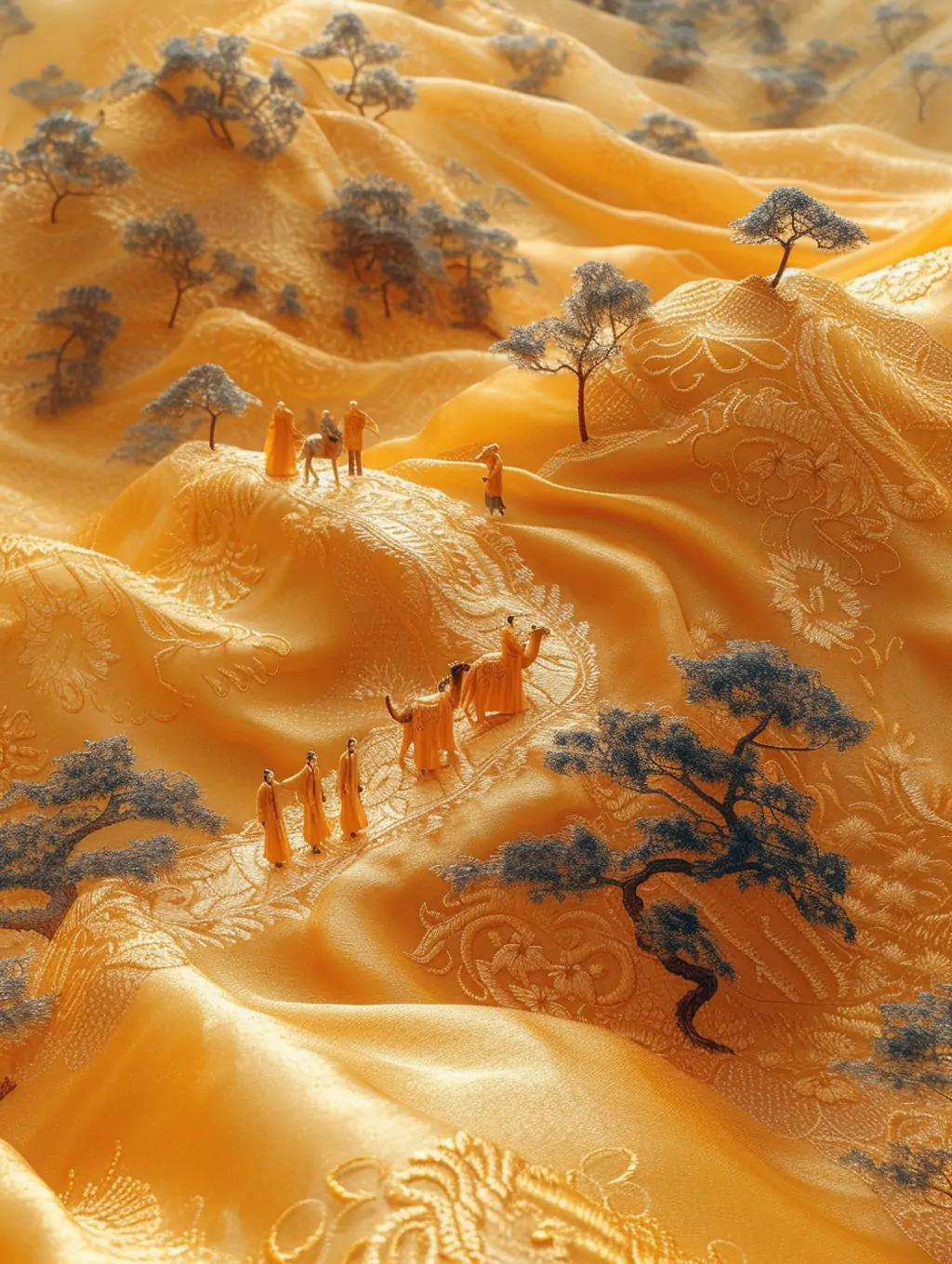 中国风黄色缎面锦缎丝绸之路布料骆驼场景花纹图案海报背景midjourney关键词咒语 - Ai宇宙吧--Ai宇宙吧-