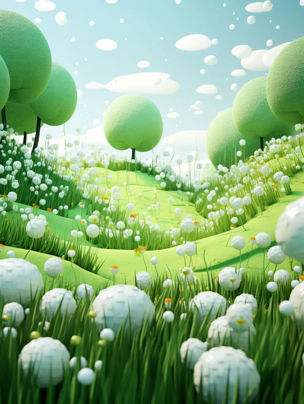 创意3D立体绿色草丛树林鲜花植物蒲公英动画场景插图海报midjourney关键词咒语 - Ai宇宙吧--Ai宇宙吧-
