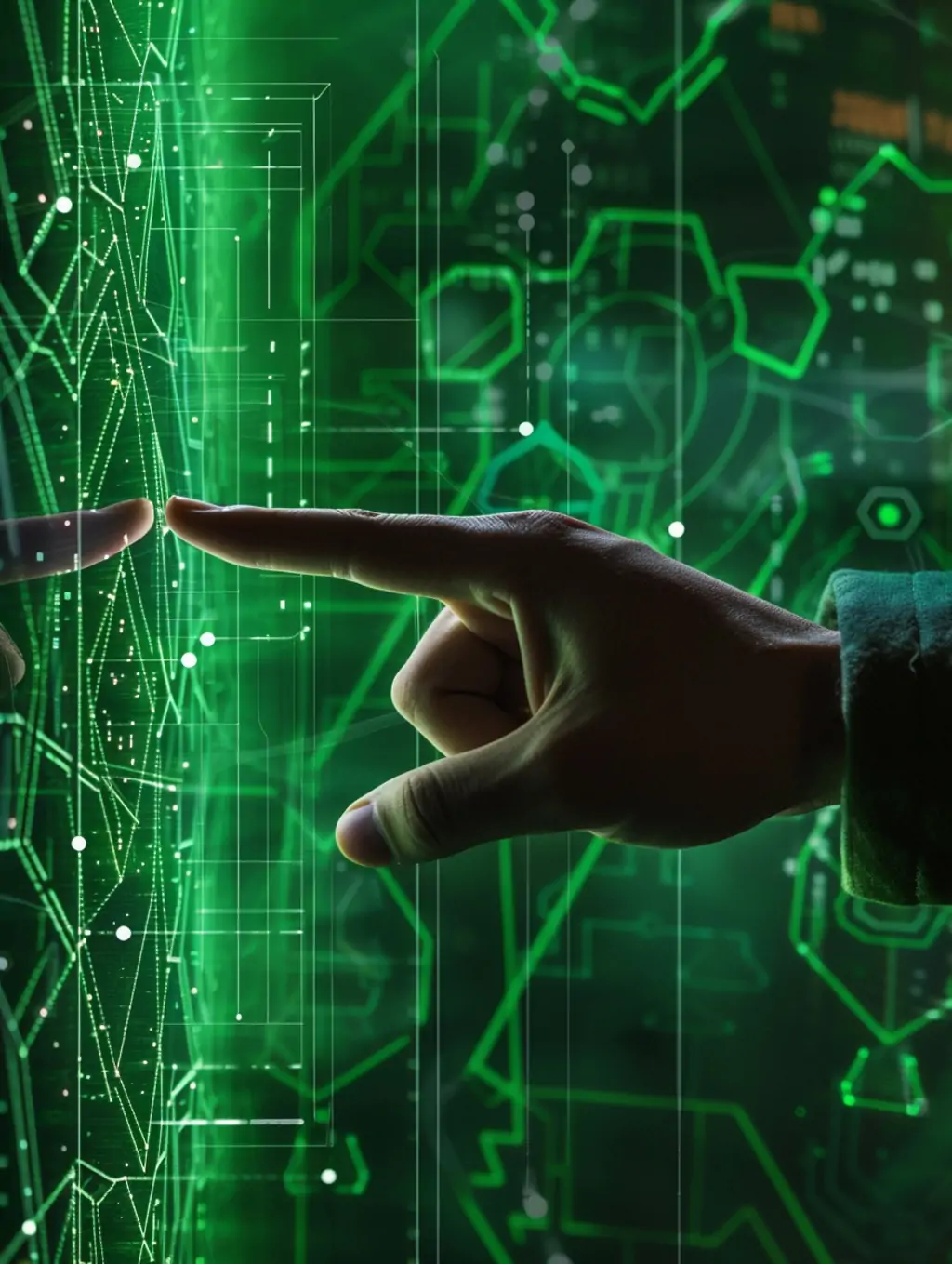 未来主义科技手指几何形状绿色屏幕大数据海报背景midjourney关键词咒语 - Ai宇宙吧--Ai宇宙吧-
