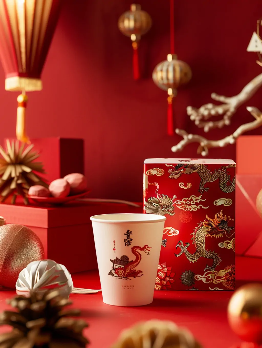 中国风红色喜庆新年主题杯子礼盒包装图案装饰电商产品广告海报midjourney关键词咒语 - Ai宇宙吧--Ai宇宙吧-