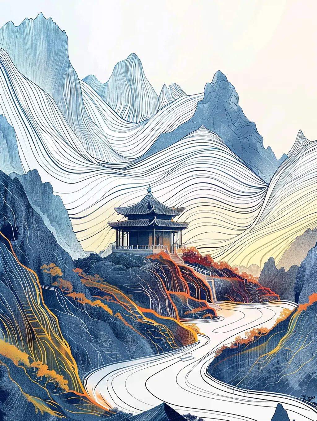 Midjourney - 中国风极简主义自然山脉风景线条艺术插图绘画海报midjourney关键词咒语 素材类-Ai宇宙吧-