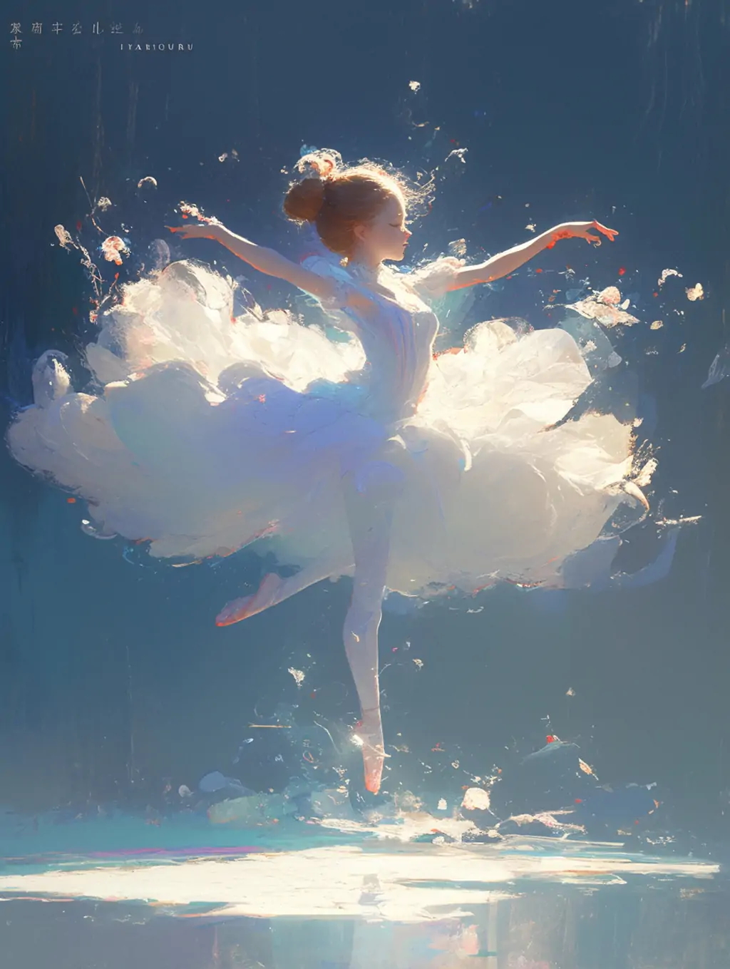 创意梦幻白色云朵小女孩芭蕾舞蹈演员旋转动作艺术摄影海报midjourney关键词咒语 - Ai宇宙吧--Ai宇宙吧-