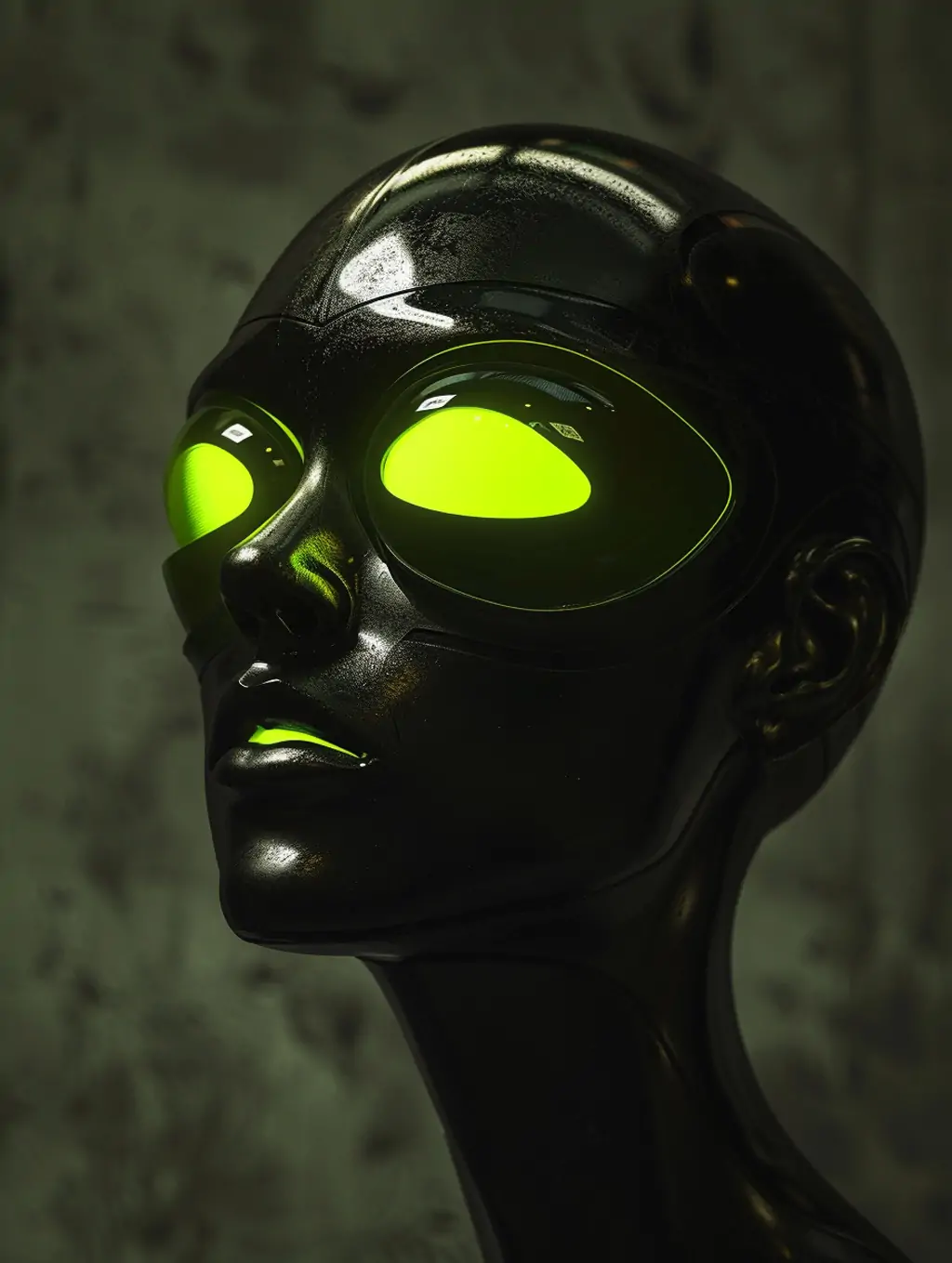 未来主义绿色科技霓虹灯镭射发光机器人眼睛人物雕塑海报midjourney关键词咒语 - Ai宇宙吧--Ai宇宙吧-
