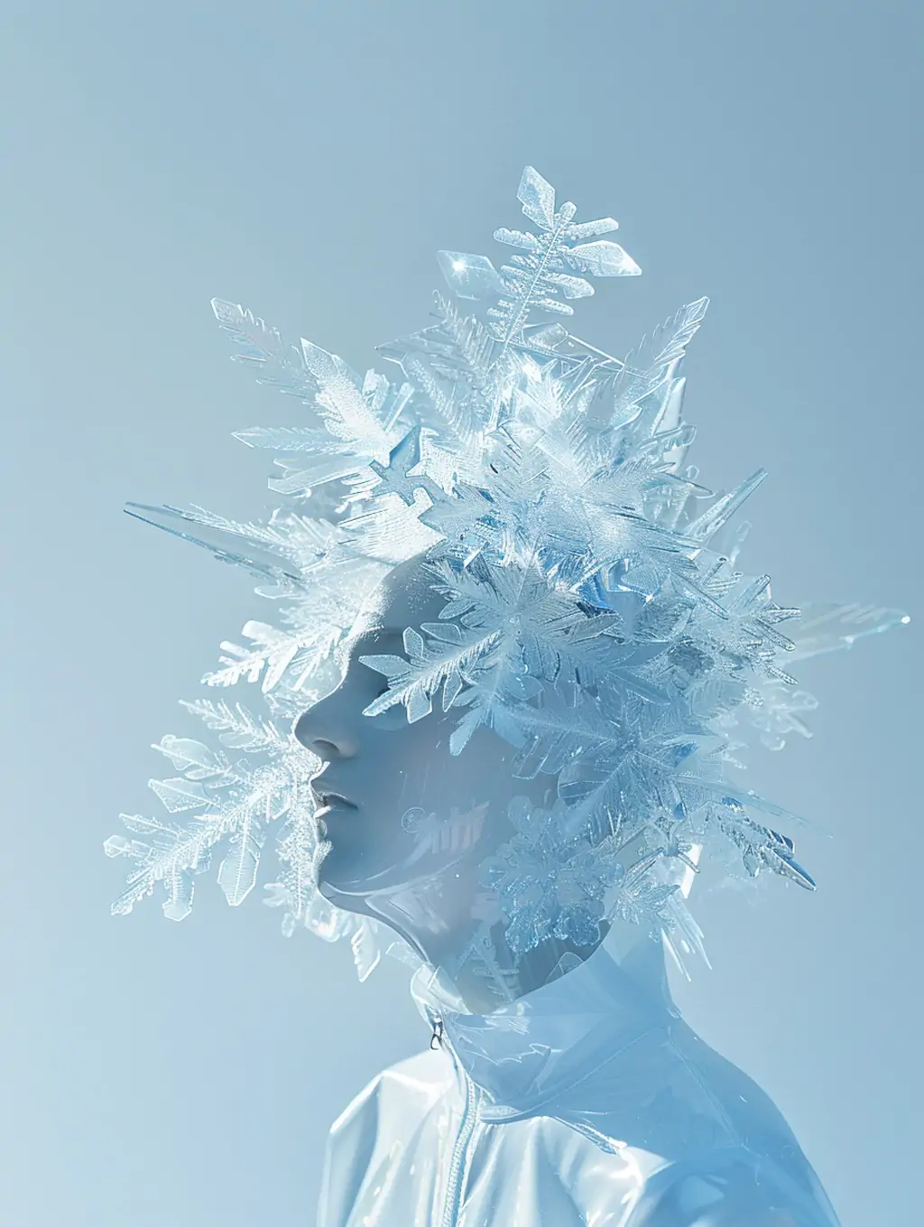 创意冬天巨型白色透明水晶雪花女性空灵美学艺术摄影海报midjourney关键词咒语 - Ai宇宙吧--Ai宇宙吧-